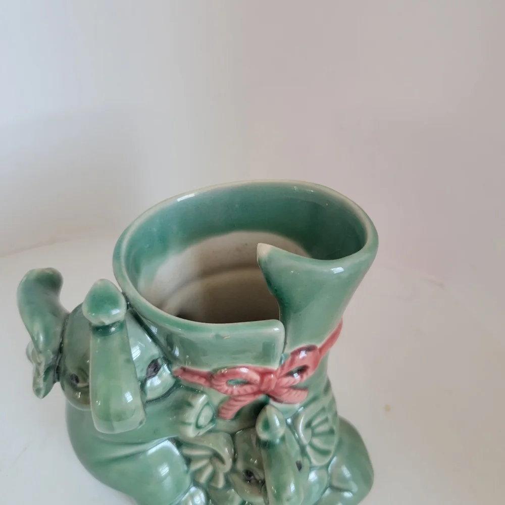 Vintage Elephant Planter, Small Green Planter, Baby Elephant Hugging - Picture 3 of 4